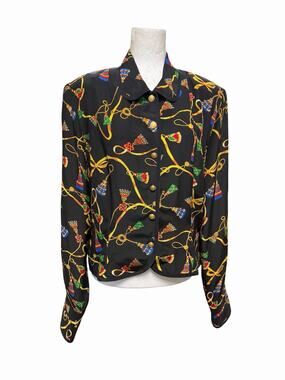 VTG Nancy Crystal Silk Long Sleeve Blouse Black Tassels Baroque Size 14